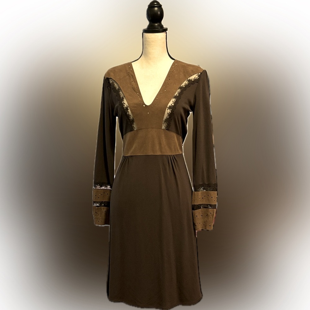 MODA INTERNATIONAL BROWN LONG SLEEVED RAYON MIDI DRESS
